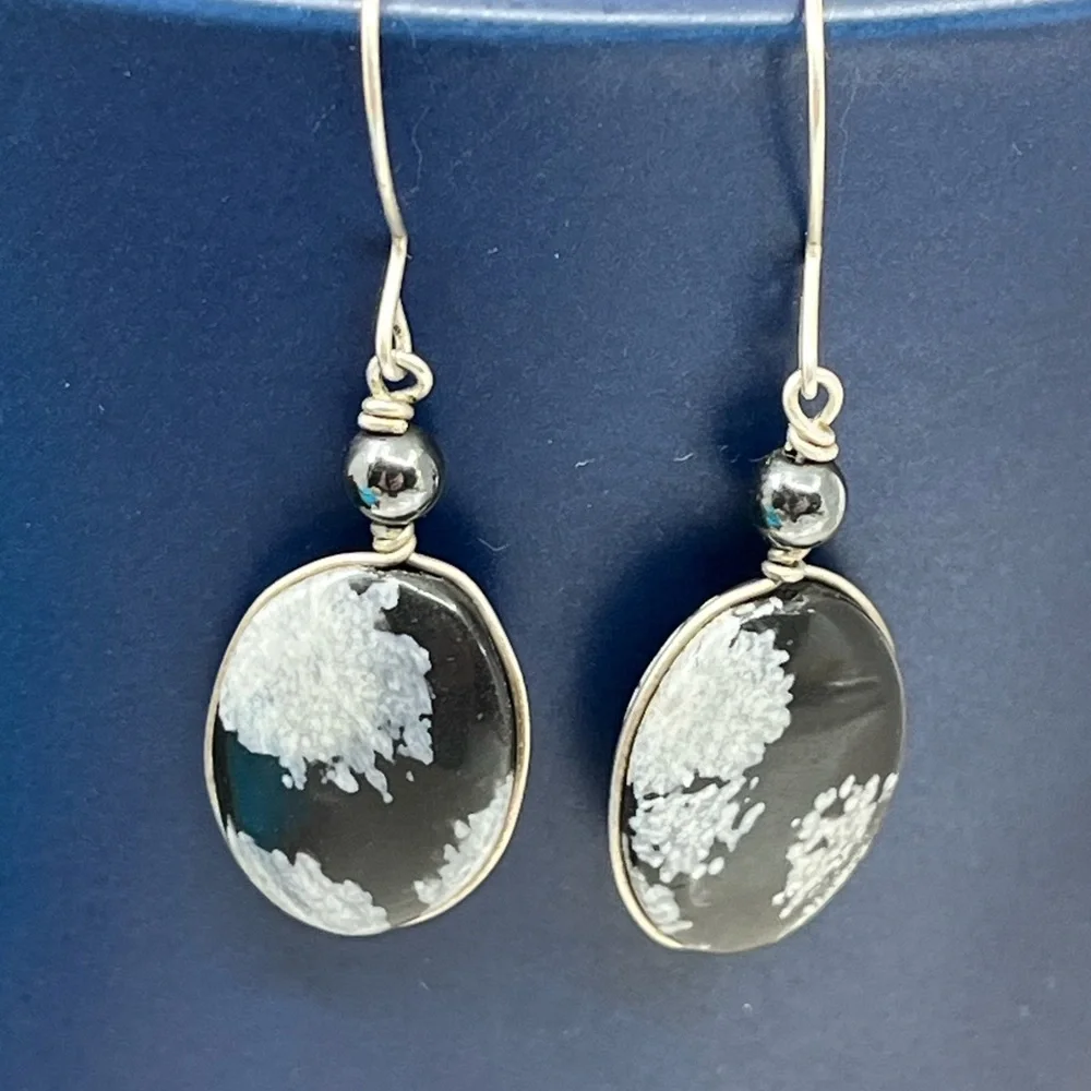 Handmade Vintage 1990's Snowflake Obsidian & Black Pearl Earrings - Picture 14 of 16